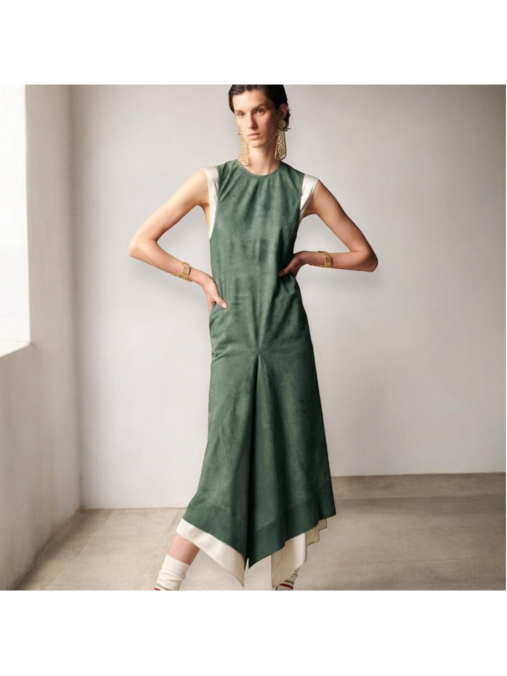CHLOÉ Suede Leather Midi Dress Stormy Green Size 34 US 2 Small NWT defect $4590